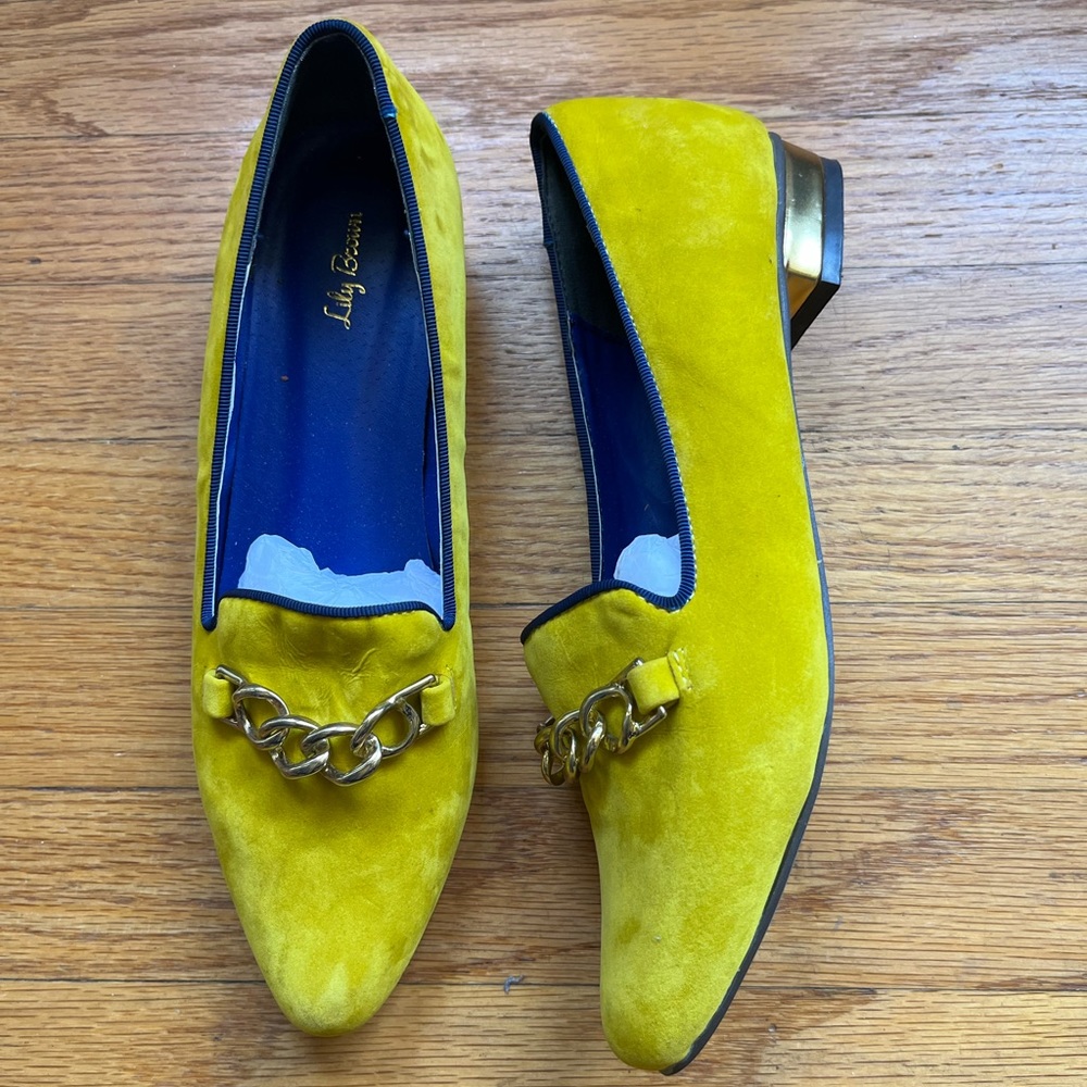 Brand new yellow velvet loafers with gold hardware